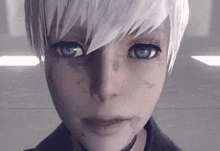 a close up of a woman 's face with white hair and blue eyes in a video game .