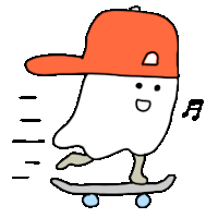 a cartoon drawing of a ghost wearing a red hat and riding a skateboard .