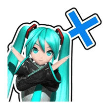 a sticker of hatsune miku with her arms crossed and a blue cross behind her