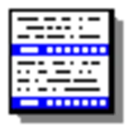 a black and white icon with a blue stripe on the bottom .