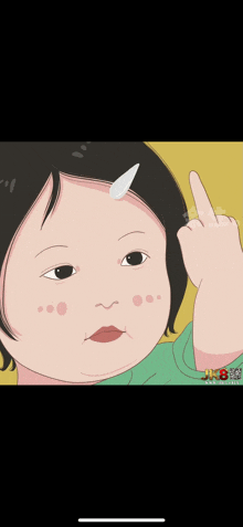 a cartoon of a baby giving the middle finger with the number 8 on the bottom right