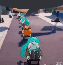 a group of anime characters are riding scooters down a road