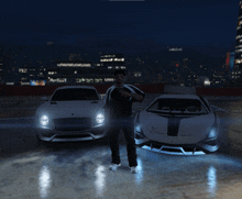 a man in a black shirt stands in front of a white car