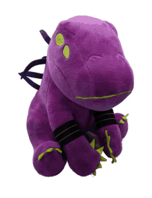 a purple stuffed animal with a blue ribbon around its neck is sitting on a white background