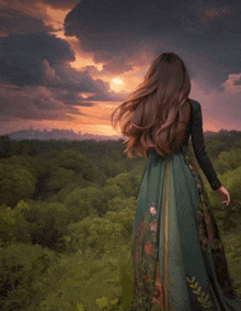 a woman in a green dress stands in front of a sunset