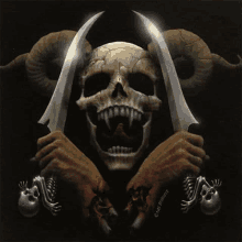 a skull with horns is holding a pair of swords in front of it .