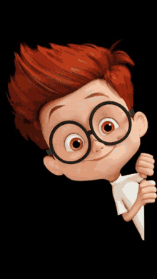 a cartoon character with red hair and glasses holds a sign