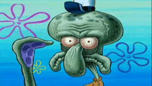 squidward from spongebob squarepants is wearing a top hat and standing next to a purple flower .