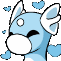 a cartoon drawing of a blue and white animal with hearts around it