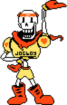 a pixel art drawing of papyrus with the name jogloy on his chest