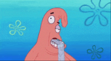 patrick star from spongebob squarepants is crying with a tear coming out of his eye .