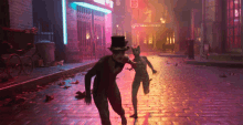 a man in a top hat is running with a cat on the street