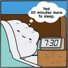 a cartoon of a person sleeping with a clock that says 7:30 on it