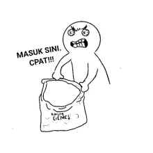 a black and white drawing of a man holding a bag that says masuk sini cpat