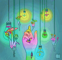 a colorful drawing of a hand with keys and mushrooms hanging from the ceiling