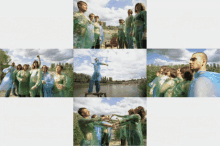 a group of people in plastic raincoats are standing in front of a body of water