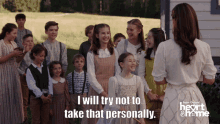 a woman stands in front of a group of children with the words " i will try not to take that personally " below her