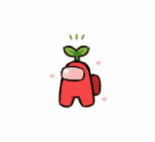 a drawing of a red among us character with a green plant growing out of his head .