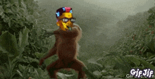 a monkey wearing sunglasses and a swag hat is dancing in the jungle .