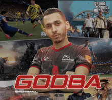 a poster for gooba shows a man in a black and red shirt