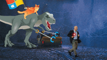 a cartoon of a man running away from a dinosaur with a windows logo on it