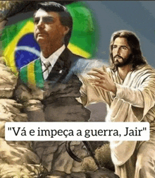 a painting of jesus and a man with a brazilian flag in the background