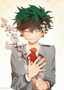 a drawing of a boy with green hair and white flowers