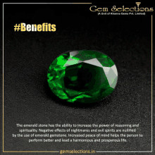 an advertisement for gem selections with a green stone