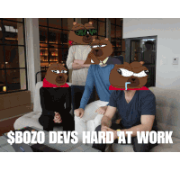 a group of bears are sitting on a couch with the words $ bozo devs hard at work below them