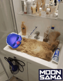 a picture of a cat laying in a bathroom sink with the words moon sama on the bottom right