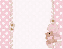 a baby in a diaper is holding a teddy bear on a pink and white polka dot background .