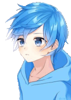 a drawing of a person with blue hair and blue eyes