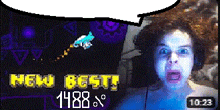 a pixel art of a man with a speech bubble that says " new best "