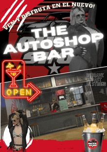 a poster for the autoshop bar shows a woman and a neon sign