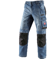 a pair of blue and black work pants with a red e on the side