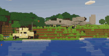 a minecraft landscape with a few buildings and trees