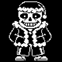 a black and white pixel art of a skeleton wearing a santa hat and jacket .