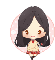 a drawing of a girl with long black hair and a plaid skirt with a flower in her hand