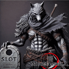 a statue of a werewolf standing next to a tombstone that says slot on it