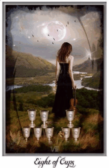 the eight of cups tarot card shows a woman holding a violin looking at the moon