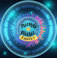 a colorful circle with the words friends music family written on it