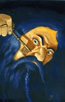 a painting of a man with a blue beard holding a sword