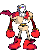 a cartoon drawing of a skeleton wearing red boots and boxing gloves