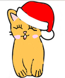 a drawing of a cat wearing a santa hat with its eyes closed