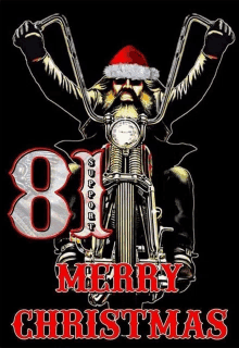 a poster with a man on a motorcycle wearing a santa hat