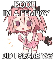 a cartoon of a girl with the words boo im a femboy did i scare ya written on it