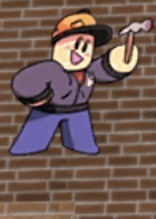 a cartoon character is holding a hammer in his hand in front of a brick wall .