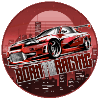 a logo for born to racing with a red car on it