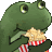 a green frog is eating popcorn from a red and white striped bag .