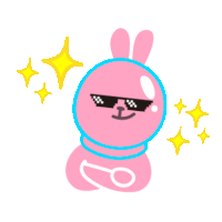 a pink bunny wearing sunglasses and a blue ring